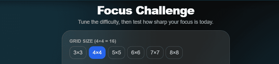 Focus Challenge settings screen showing the grid size selector with options from 3×3 to 8×8
