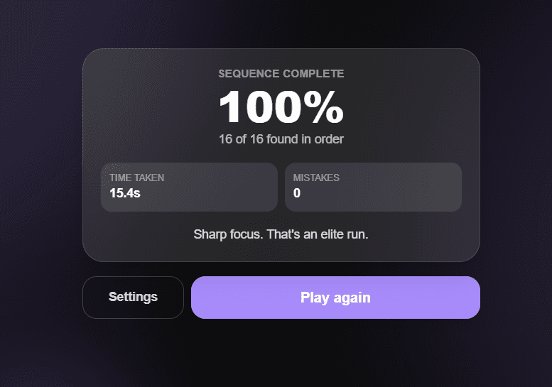 Focus Challenge result screen showing accuracy percentage, numbers found, and time taken